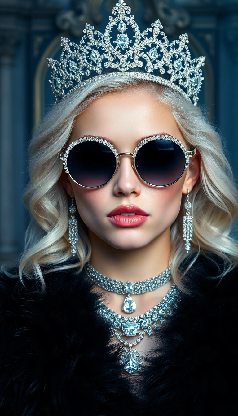 HD iPhone Young Platinum Blonde Queen in Black Fur Luxurious Background Pic
